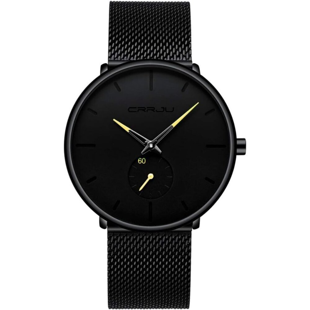 Men's Black Yellow Ultra-Thin Minimal Waterproof Stainless Steel Mesh Band Watch